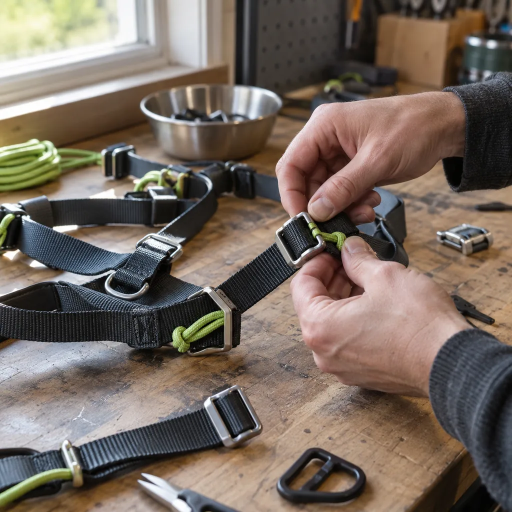 Hands assembling outdoor pet gear hardware on a clean workbench