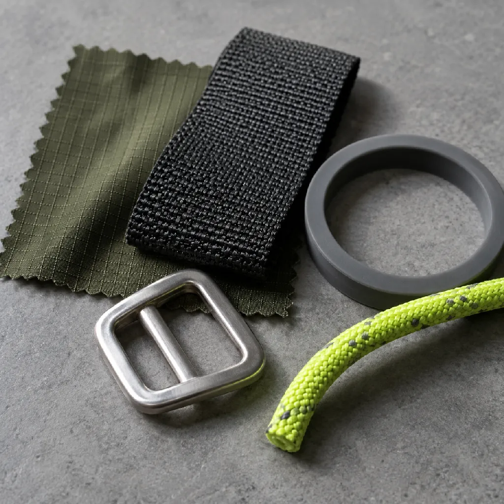 Outdoor pet gear material swatches on a gray table
